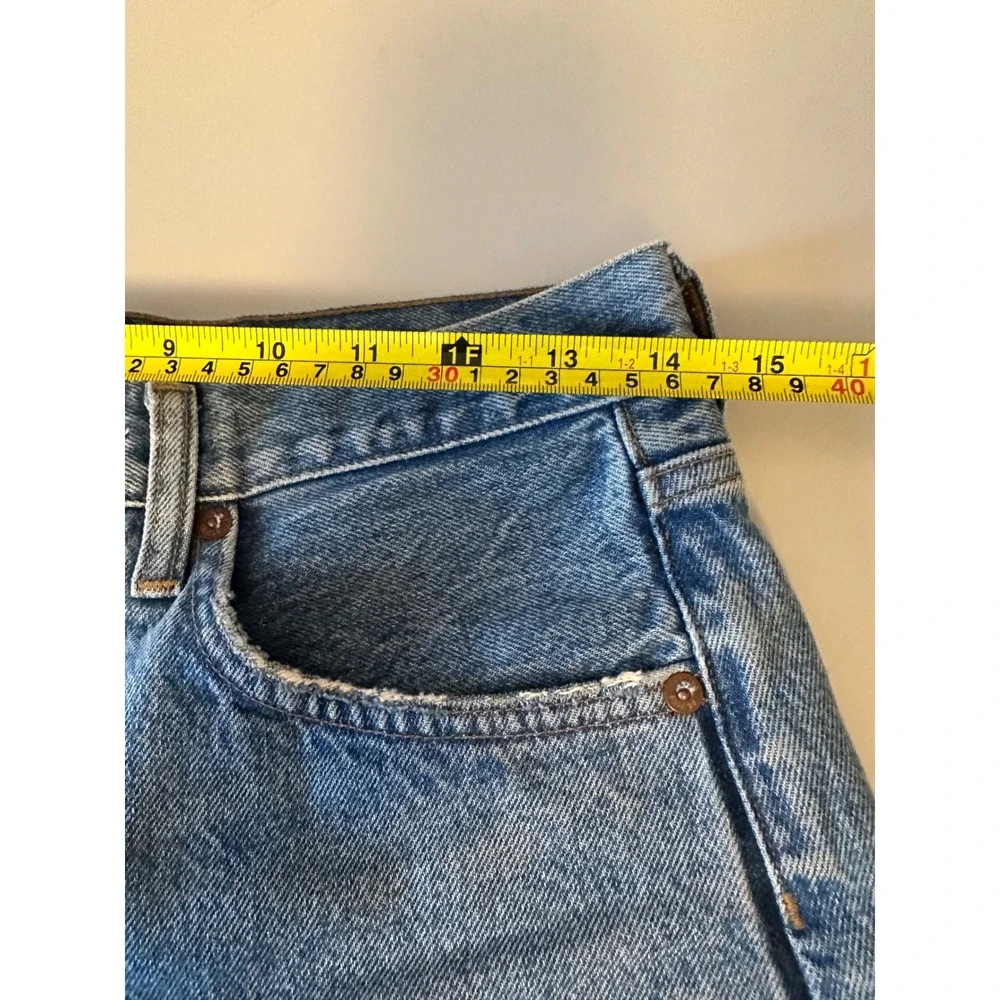 AGOLDE Parker Long High Rise Denim Jean Shorts in Medium Wash Blue | Size 25